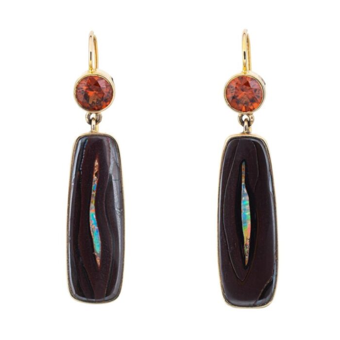 boulder opal orange zircon earrings estate 18k gold 2 drops fine jewelry 8638