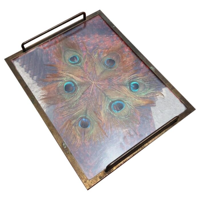 brass tray with encased peacock feathers 1930s 1