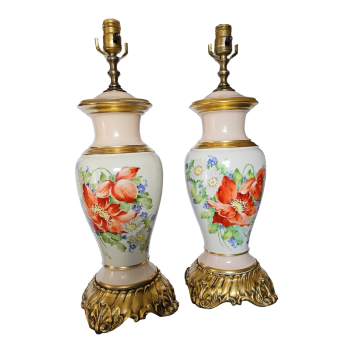 c 1920 beautiful hand painted old paris porcelain lamps with floral motif and 22k gold banding a pair 6363