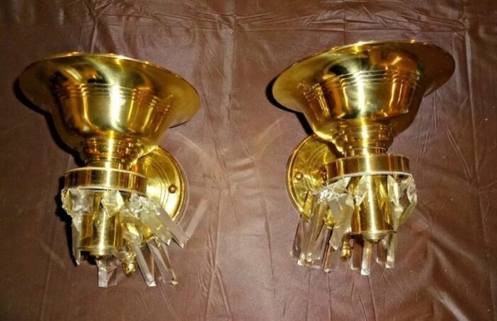 c1920s usa art deco brass with crystal wall sconces a pair 1096