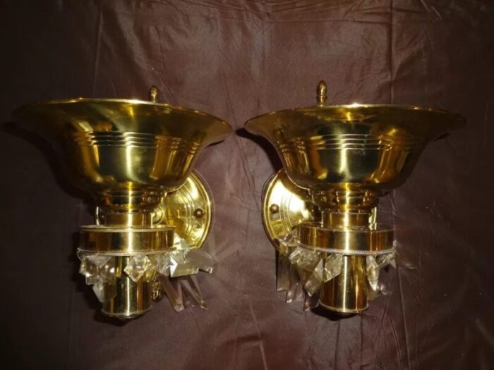 c1920s usa art deco brass with crystal wall sconces a pair 4215