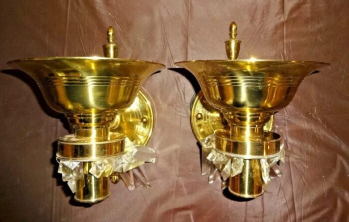 c1920s usa art deco brass with crystal wall sconces a pair 8537