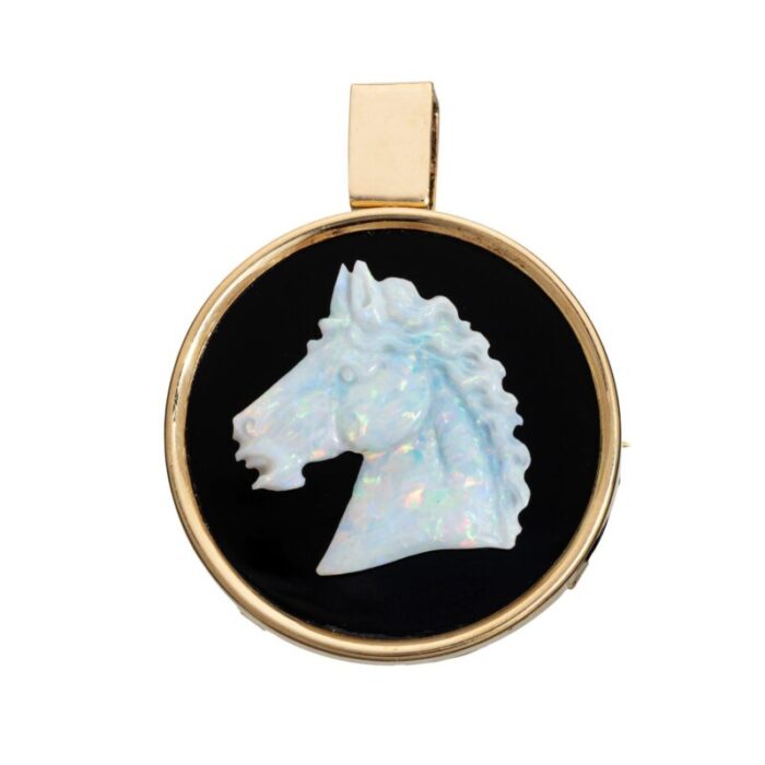 carved opal horse head pendant vintage 14k yellow gold round brooch animal 4739