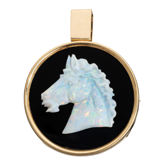 carved opal horse head pendant vintage 14k yellow gold round brooch animal 6062