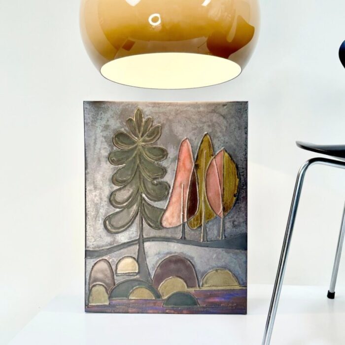 ceramic art wall tile with a trees motif in an abstracted landscape 1960s 13