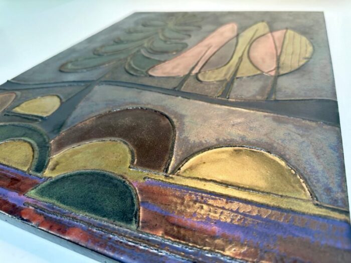 ceramic art wall tile with a trees motif in an abstracted landscape 1960s 7