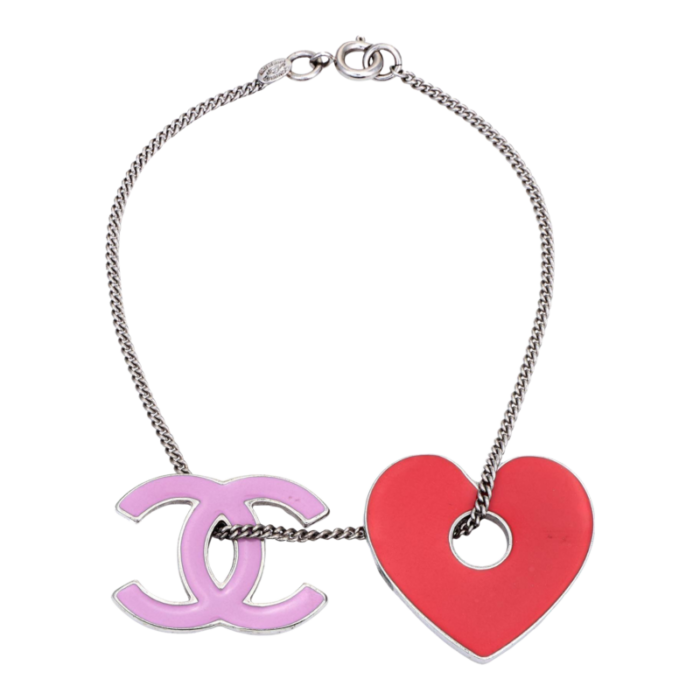 chanel charm bracelet spring c2004 heart cc logo white metal 75 8597