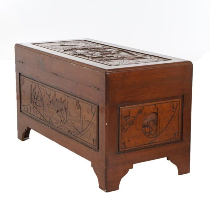 chinese carved hardwood figural blanket chest with street scene in relief 20thc 1072