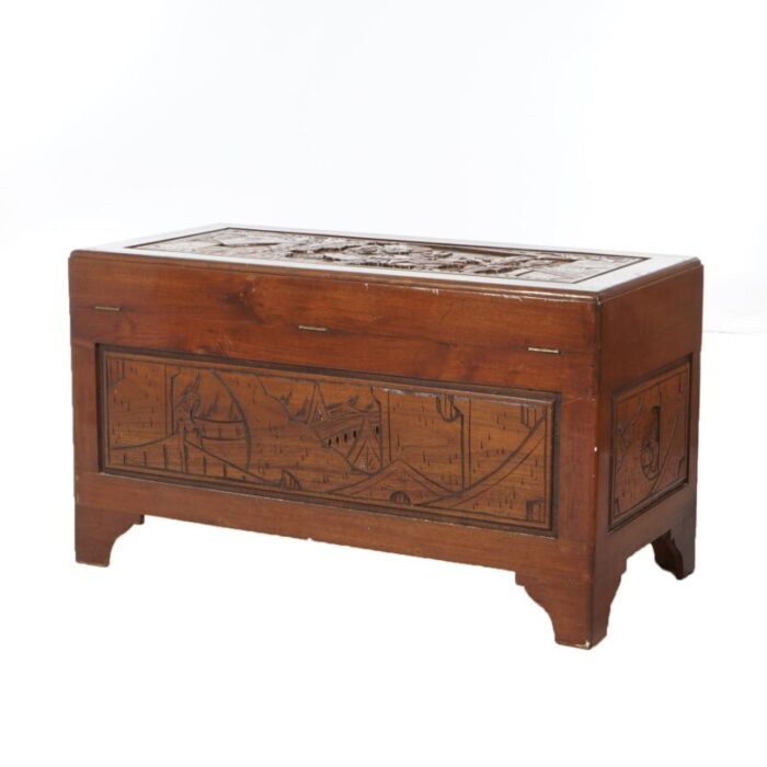 chinese carved hardwood figural blanket chest with street scene in relief 20thc 1097