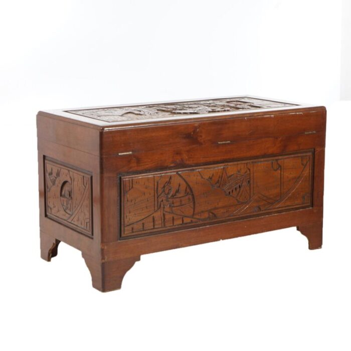 chinese carved hardwood figural blanket chest with street scene in relief 20thc 2213