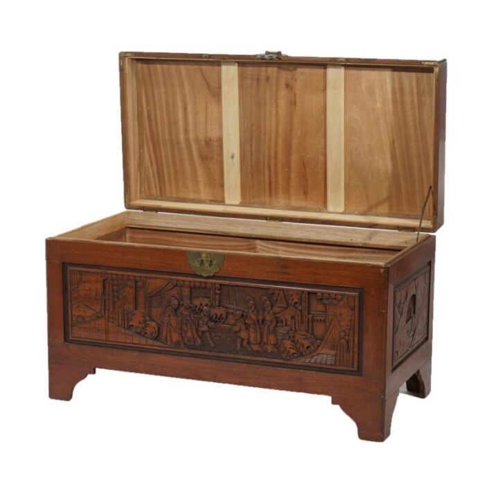 chinese carved hardwood figural blanket chest with street scene in relief 20thc 2244