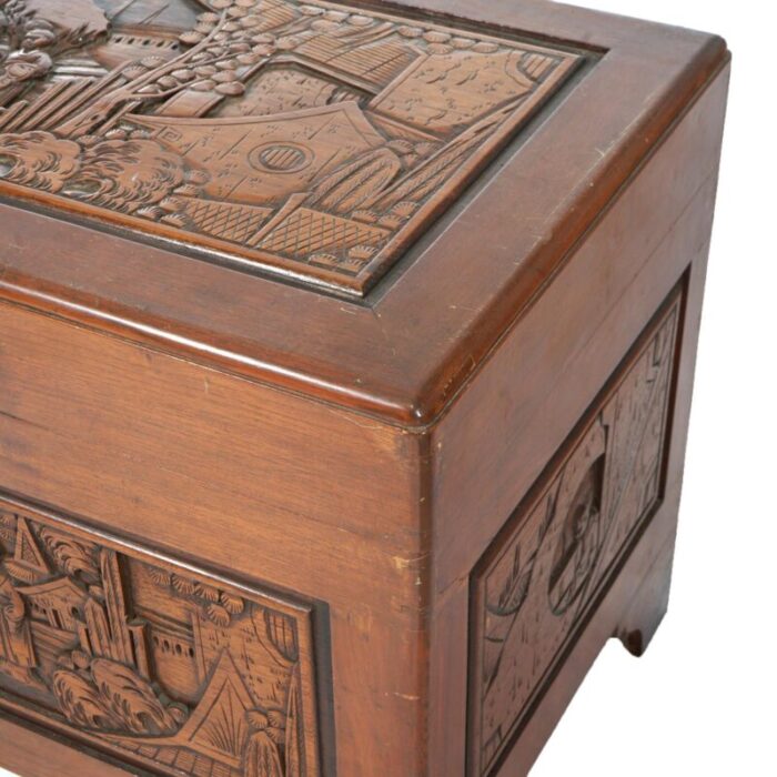 chinese carved hardwood figural blanket chest with street scene in relief 20thc 5009