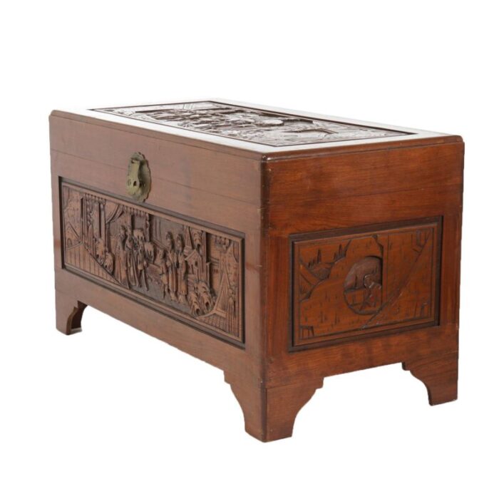 chinese carved hardwood figural blanket chest with street scene in relief 20thc 6581