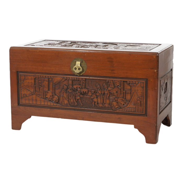 chinese carved hardwood figural blanket chest with street scene in relief 20thc 8222