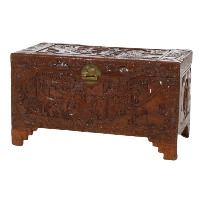 chinese carved hardwood figural blanket chest with village scene in relief 20thc 0702