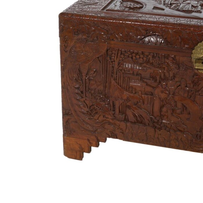 chinese carved hardwood figural blanket chest with village scene in relief 20thc 2872