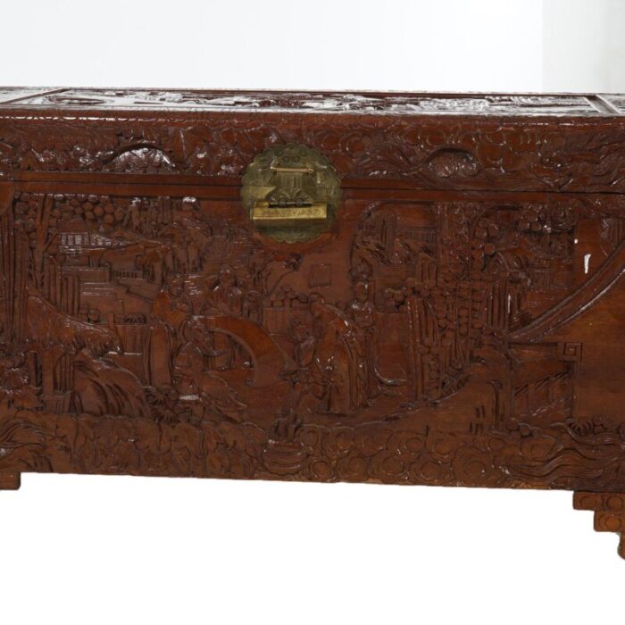 chinese carved hardwood figural blanket chest with village scene in relief 20thc 5580