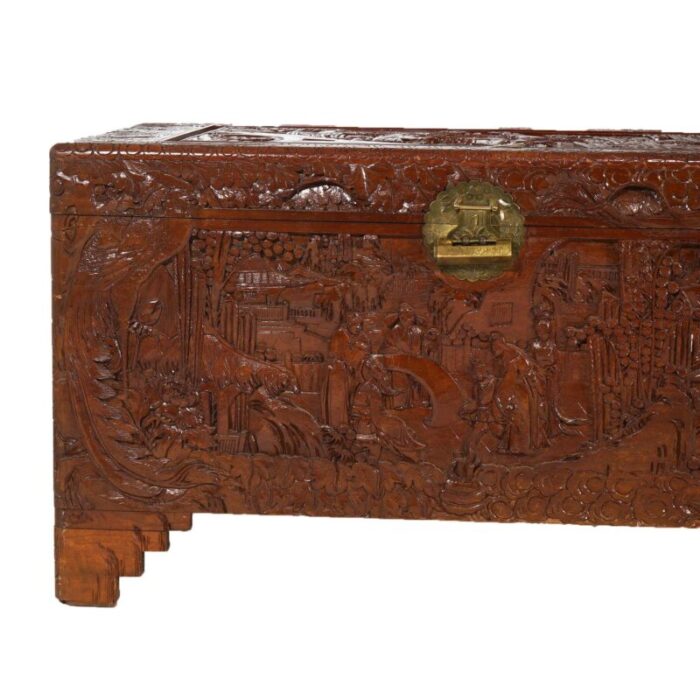 chinese carved hardwood figural blanket chest with village scene in relief 20thc 5610