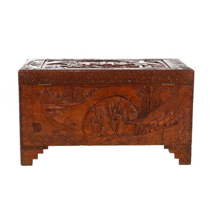 chinese carved hardwood figural blanket chest with village scene in relief 20thc 5617