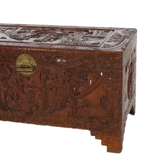 chinese carved hardwood figural blanket chest with village scene in relief 20thc 7652