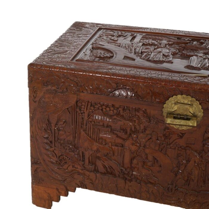 chinese carved hardwood figural blanket chest with village scene in relief 20thc 8671