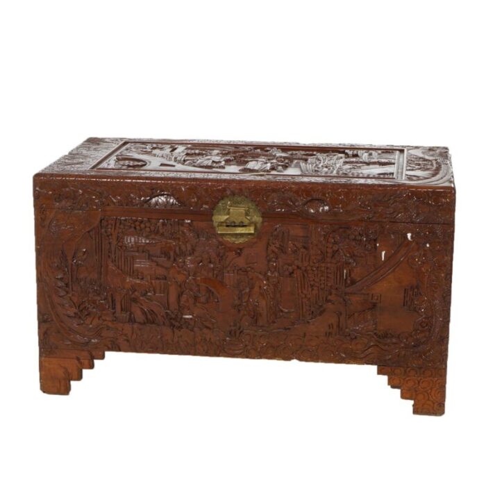 chinese carved hardwood figural blanket chest with village scene in relief 20thc 9591