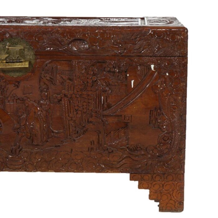 chinese carved hardwood figural blanket chest with village scene in relief 20thc 9643