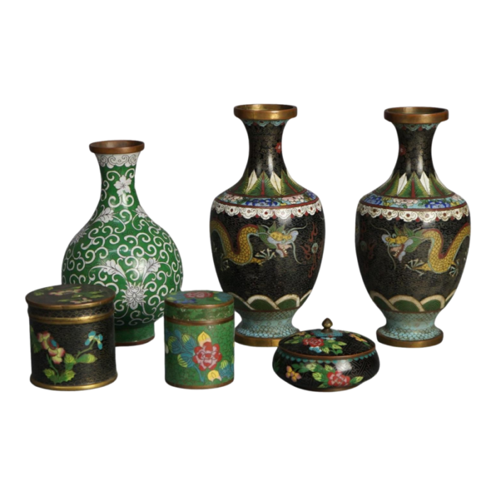 chinese cloisonne enameled vessels 3 vases and 3 canisters circa 1920 0488