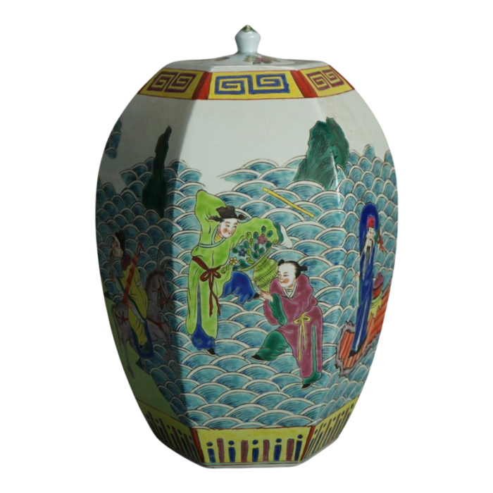 chinese enameled porcelain figural and faceted lidded jar with genre scene early 20th century 0222