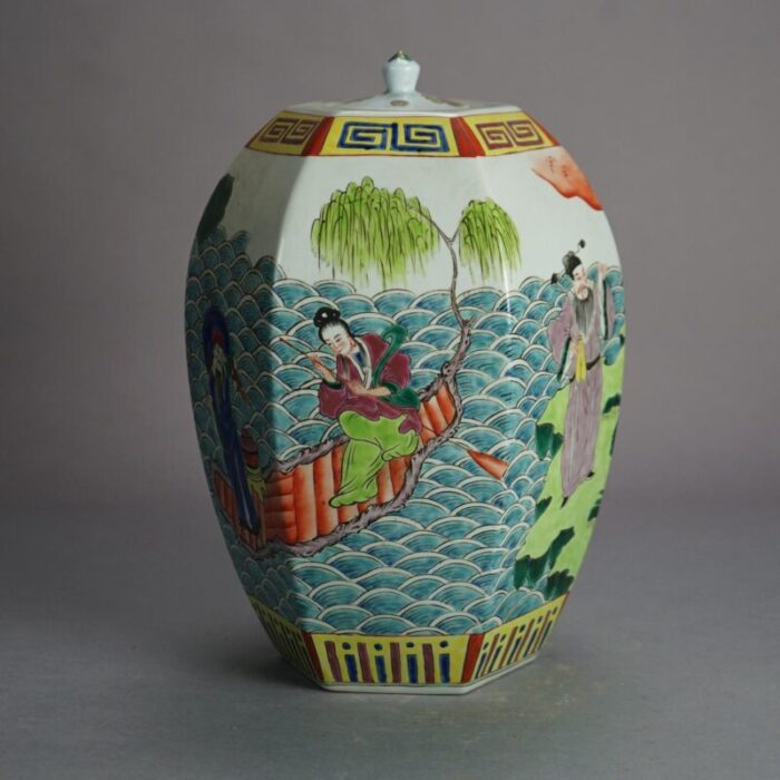 chinese enameled porcelain figural and faceted lidded jar with genre scene early 20th century 1242