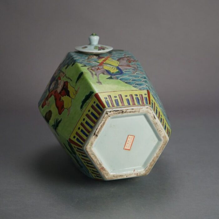 chinese enameled porcelain figural and faceted lidded jar with genre scene early 20th century 1281