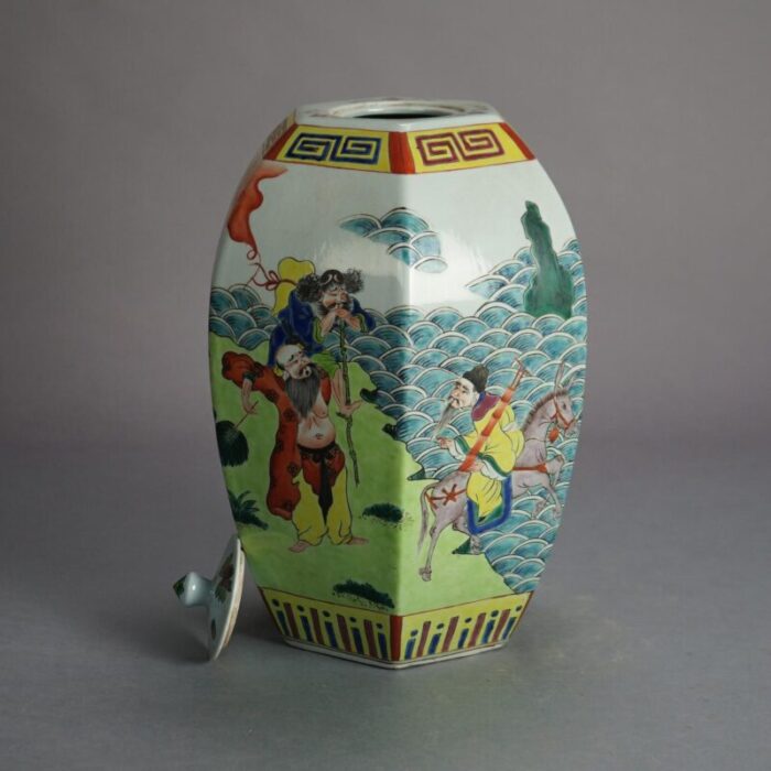 chinese enameled porcelain figural and faceted lidded jar with genre scene early 20th century 5341