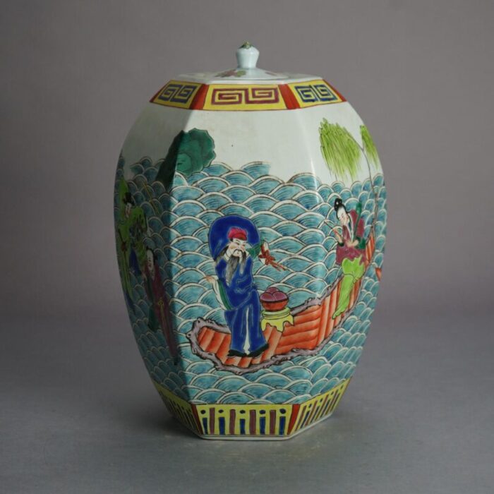 chinese enameled porcelain figural and faceted lidded jar with genre scene early 20th century 6638