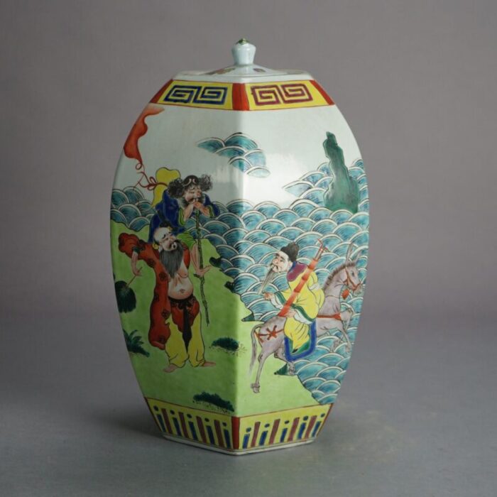 chinese enameled porcelain figural and faceted lidded jar with genre scene early 20th century 7172