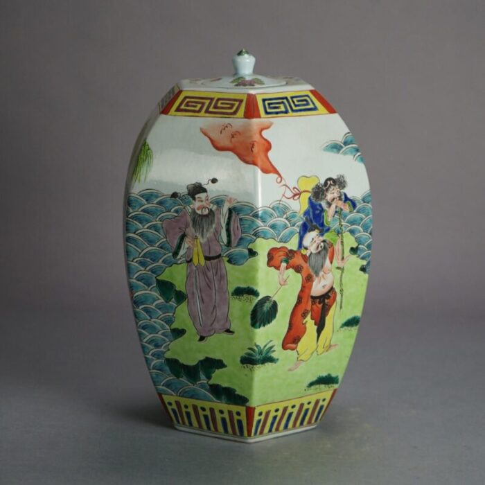 chinese enameled porcelain figural and faceted lidded jar with genre scene early 20th century 7416