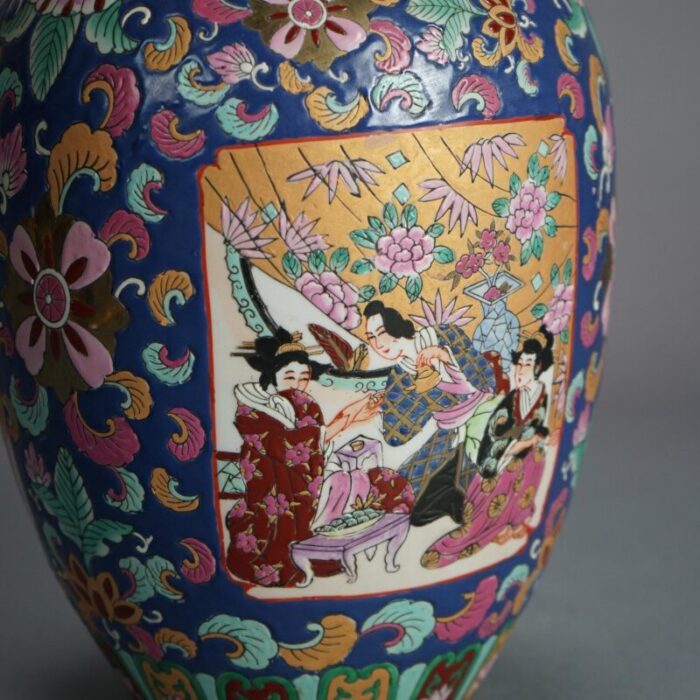 chinese enameled porcelain lidded jar with genre scene and garden flowers early 20th century 0373