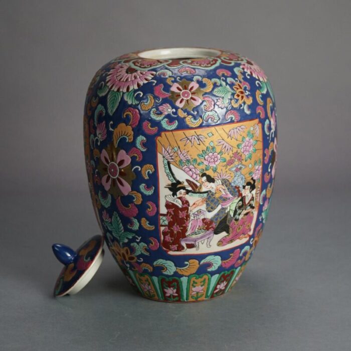 chinese enameled porcelain lidded jar with genre scene and garden flowers early 20th century 1832