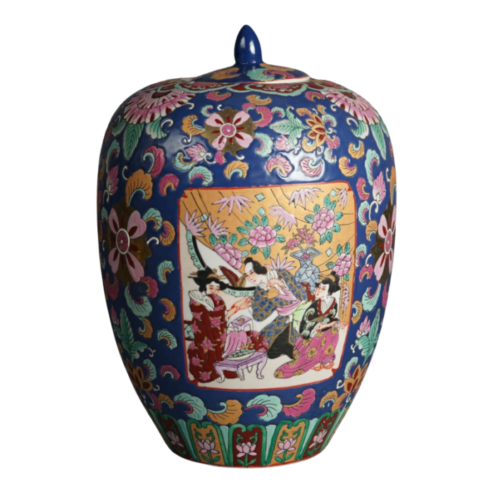 chinese enameled porcelain lidded jar with genre scene and garden flowers early 20th century 5776