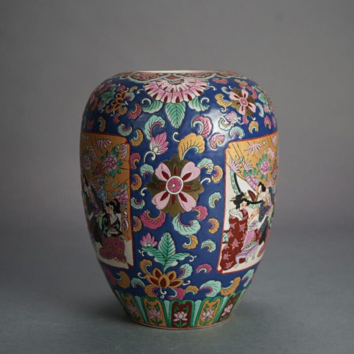 chinese enameled porcelain lidded jar with genre scene and garden flowers early 20th century 7131