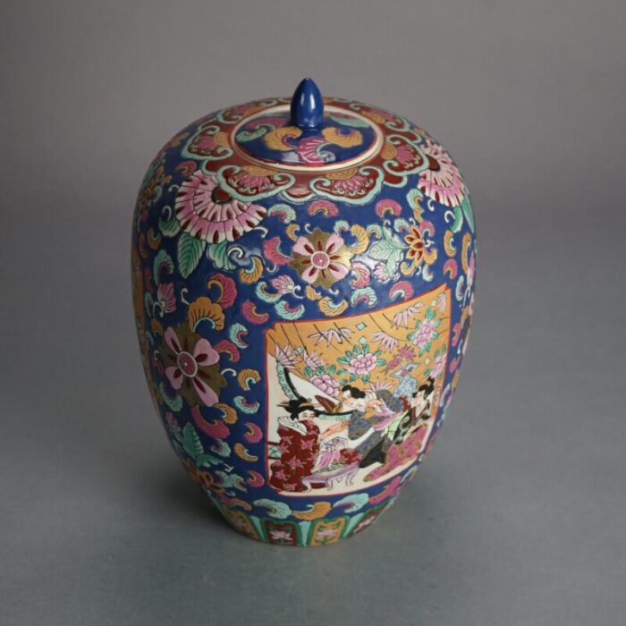 chinese enameled porcelain lidded jar with genre scene and garden flowers early 20th century 7415