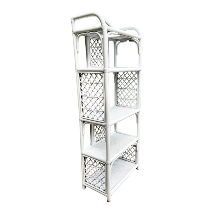 coastal vintage glossy white bamboo and rattan etagere or bookcase 2180