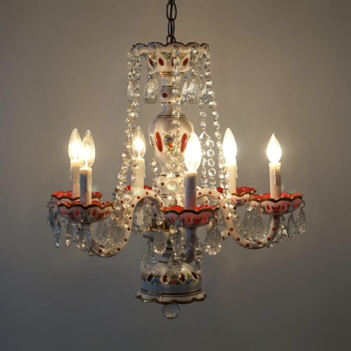 cranberry cut to clear bohemian six light crystal chandelier 20th century 2095