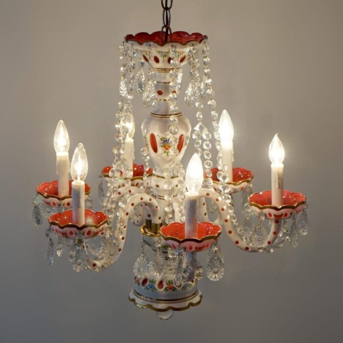 cranberry cut to clear bohemian six light crystal chandelier 20th century 2869