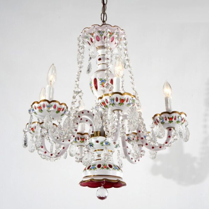 cranberry cut to clear bohemian six light crystal chandelier 20th century 3346