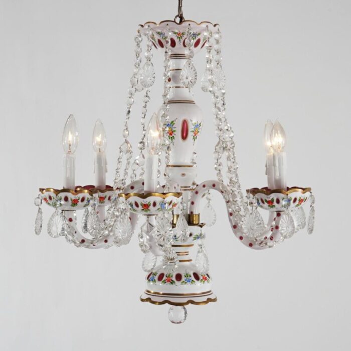 cranberry cut to clear bohemian six light crystal chandelier 20th century 3594