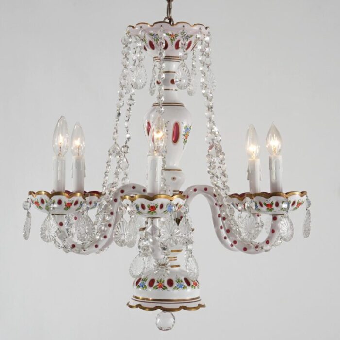 cranberry cut to clear bohemian six light crystal chandelier 20th century 5248