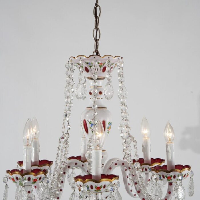 cranberry cut to clear bohemian six light crystal chandelier 20th century 7647