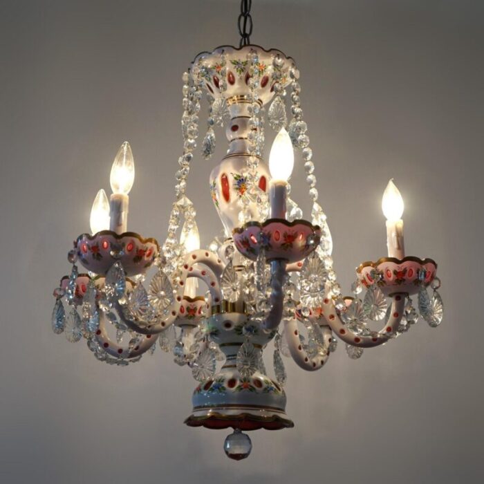 cranberry cut to clear bohemian six light crystal chandelier 20th century 9147