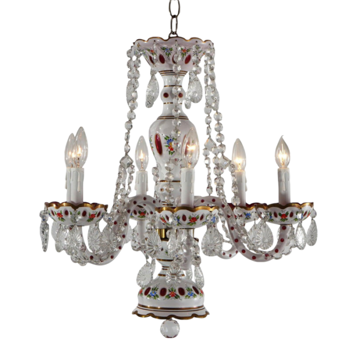 cranberry cut to clear bohemian six light crystal chandelier 20th century 9190