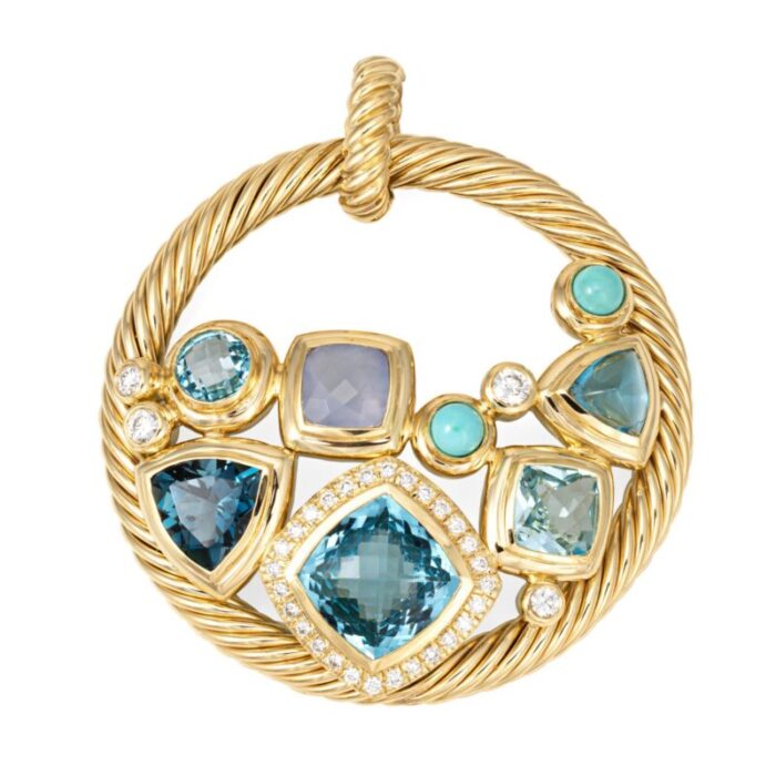 david yurman mosaic pendant estate 18k yellow gold blue topaz turquoise diamond 8157